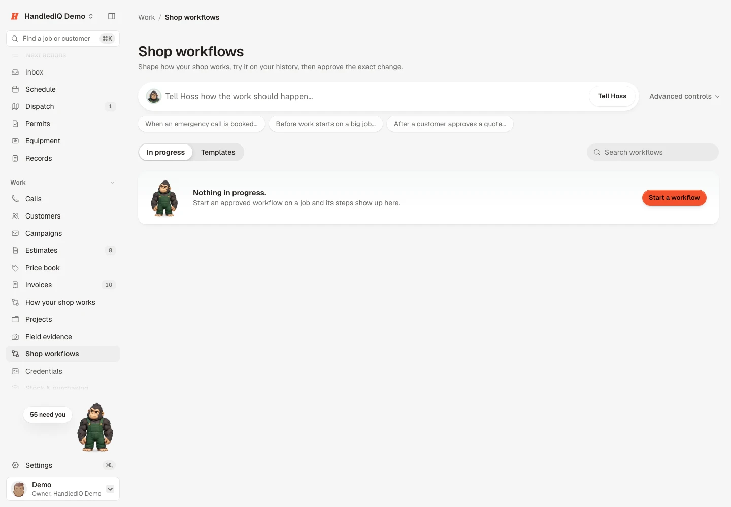 Shop workflows screen where the owner tells Hoss how work should happen